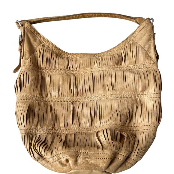 Liebeskind Berlin Hobo Bag Beige Tan Leather Fringe Shoulder Purse 13.5"x13.5x6" - Picture 3 of 11